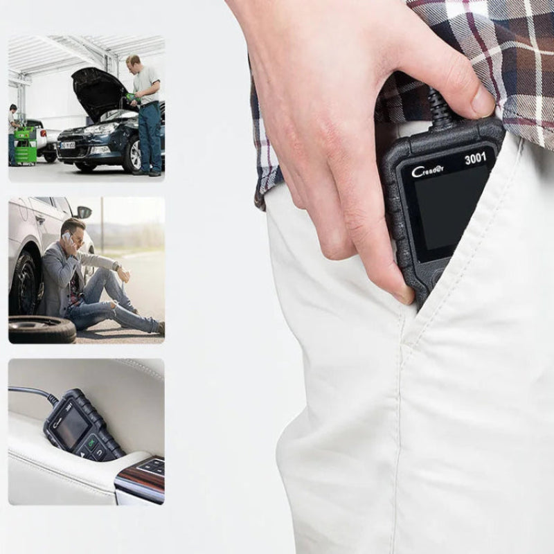 Close-up of a person holding a CarBee diagnostic tool with additional images of people working on cars in the background.