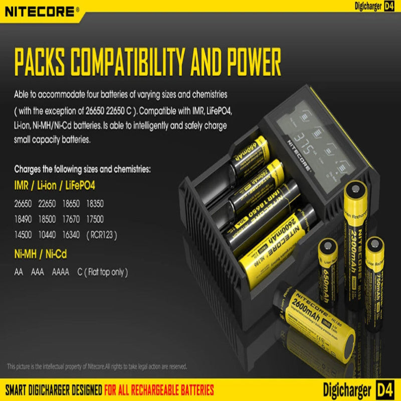 Nitecore battery charger with batteries on a black background