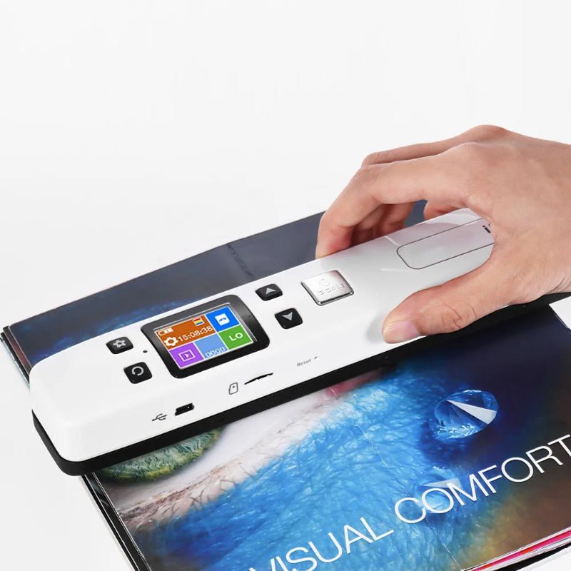 Hand interacting with a device labeled 'Visual Comfort' on a white background