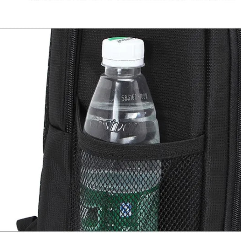 Black backpack with a water bottle in a pocket