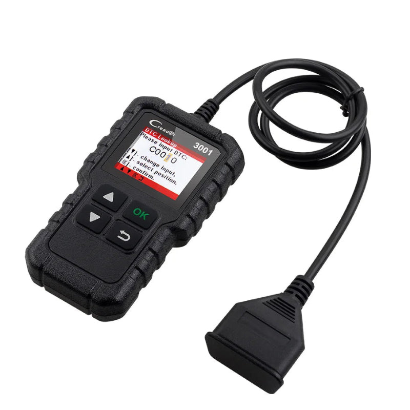 Black diagnostic tool with cable on a white background