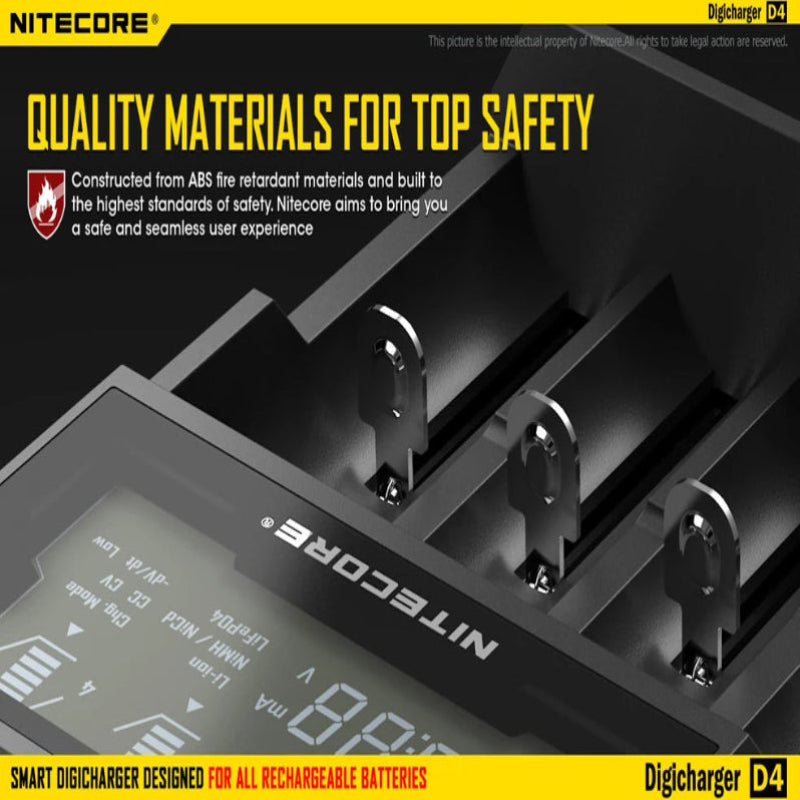 Nitecore digital charger with safety features highlighted on a black background