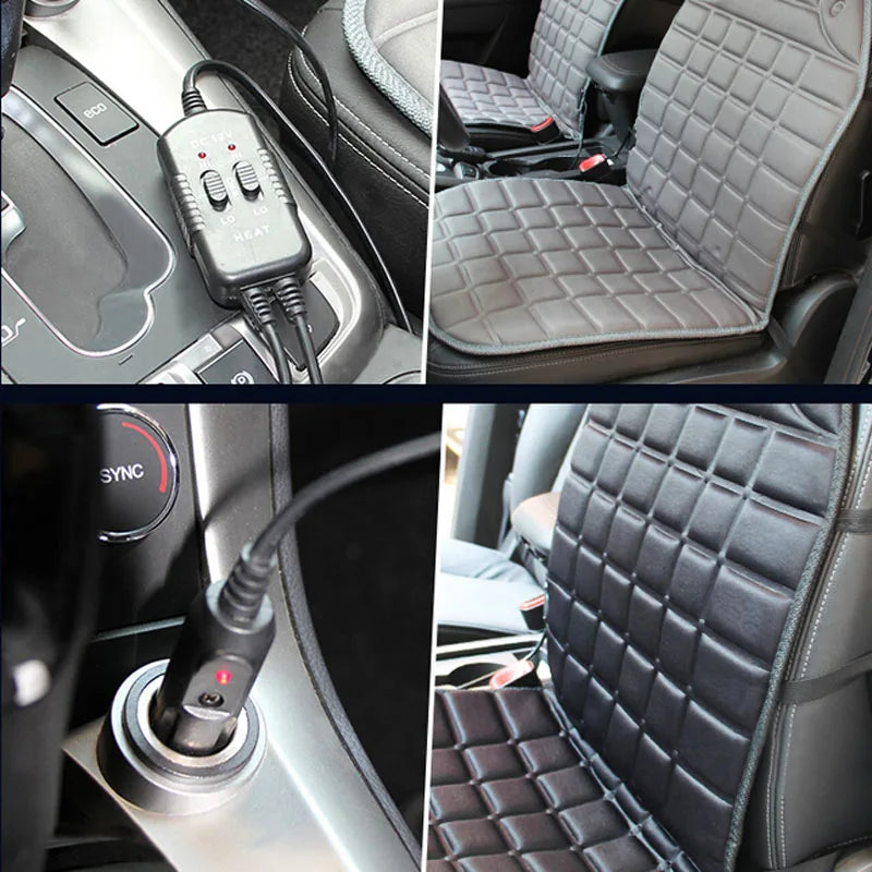 Collage of car seat covers and charging cable with car interior background
