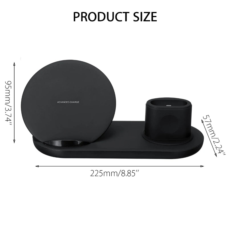 Black wireless charger with dimensions labeled on a white background