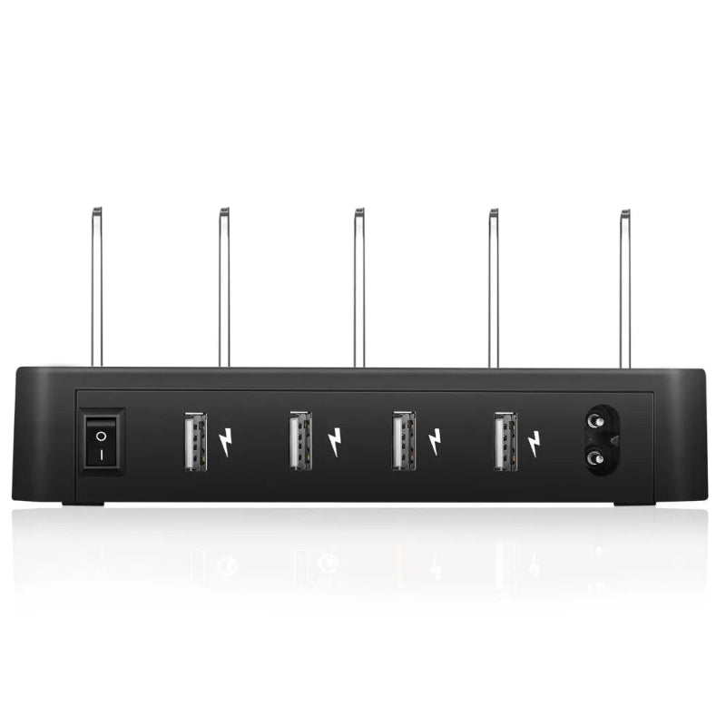 Black electronic device with multiple ports on a white background