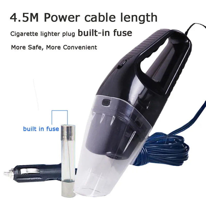 Handheld car vacuum cleaner with 4.5M power cable and built-in fuse on a white background