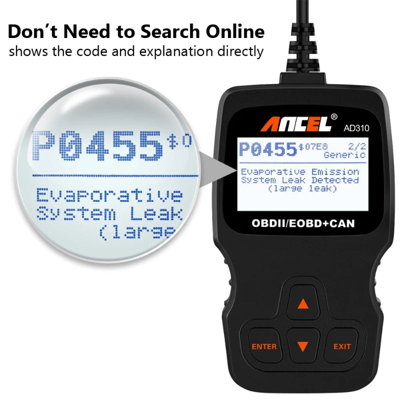 Car diagnostic tool displaying an error code with a magnifying glass overlay, featuring the ANCEL brand.