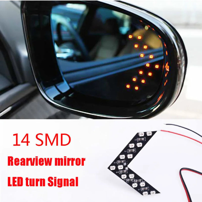 Car rearview mirror with LED turn signal light and close-up of LED circuit board.