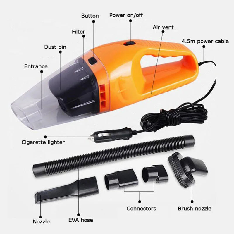 Orange car vacuum cleaner with labeled parts on a white background