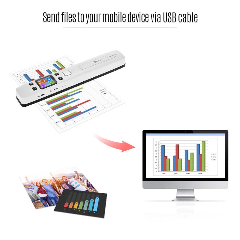 Scanner sending files to a computer via USB cable with graphs and images displayed.