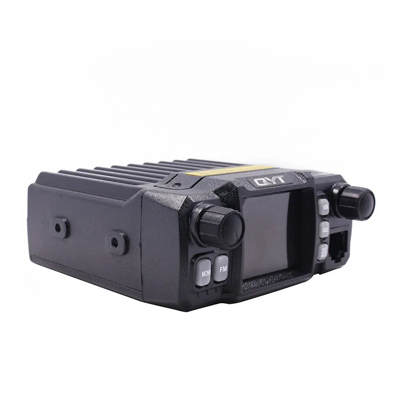 Black radio transceiver with display and control knobs on a white background
