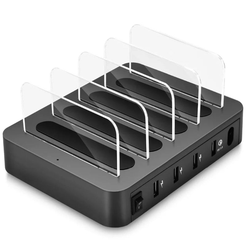 Black electronic device with multiple ports on a white background