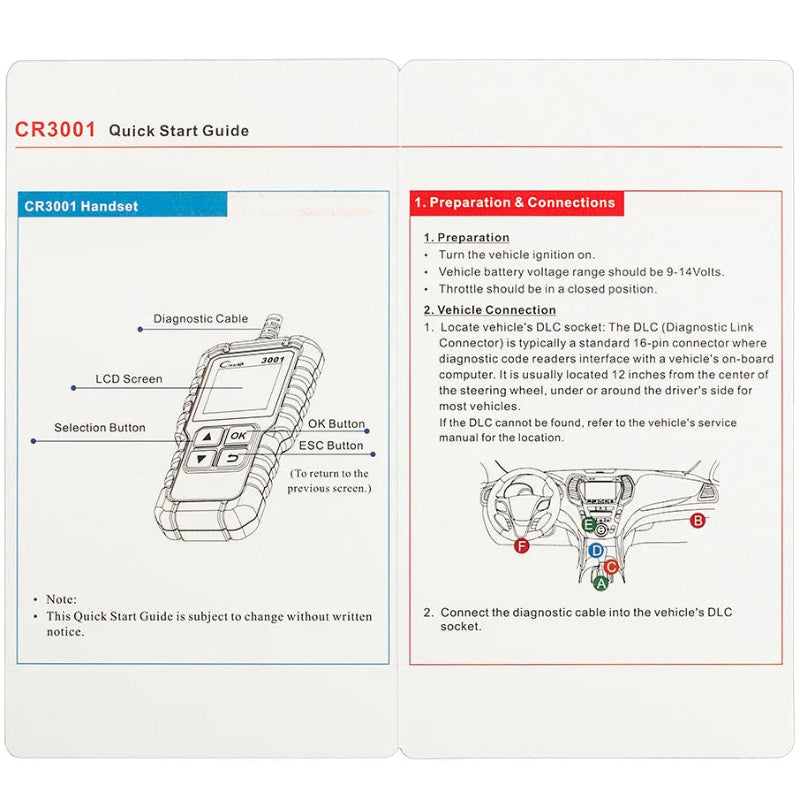 Quick start guide for a diagnostic tool with illustrations and text on a white background