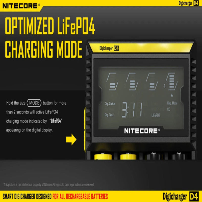 Nitecore digital charger with text on optimized LiFePO4 charging mode