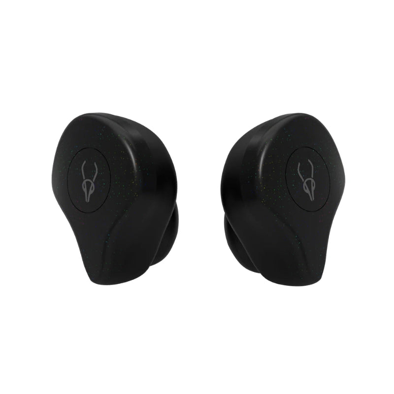 Pair of black wireless earbuds on a white background