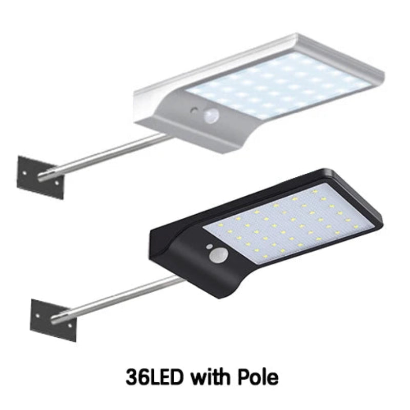 Solar-powered outdoor light fixture with 36 LEDs and pole on a white background