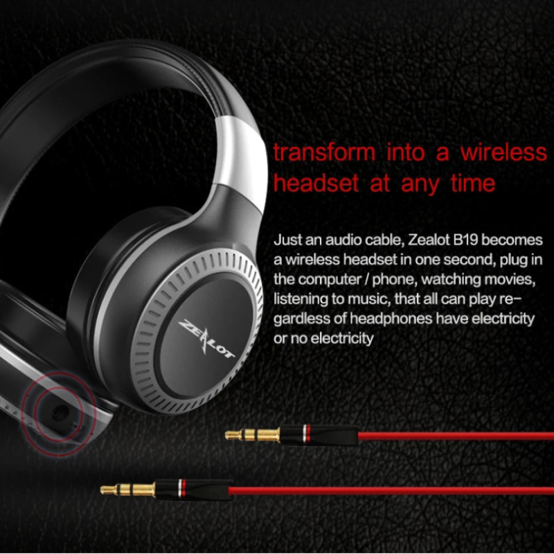 Zealot B19 wireless headset with audio cable on a dark background