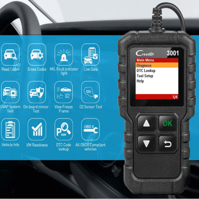 Car diagnostic tool with a blue screen displaying various functions in front of a car interior.