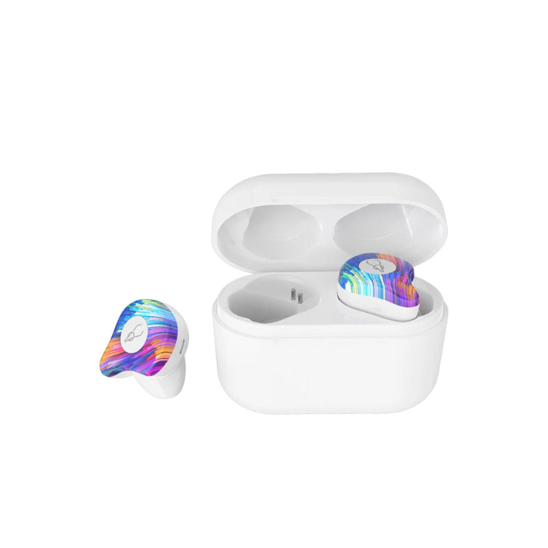 Wireless earbuds with colorful design in a white charging case on a white background