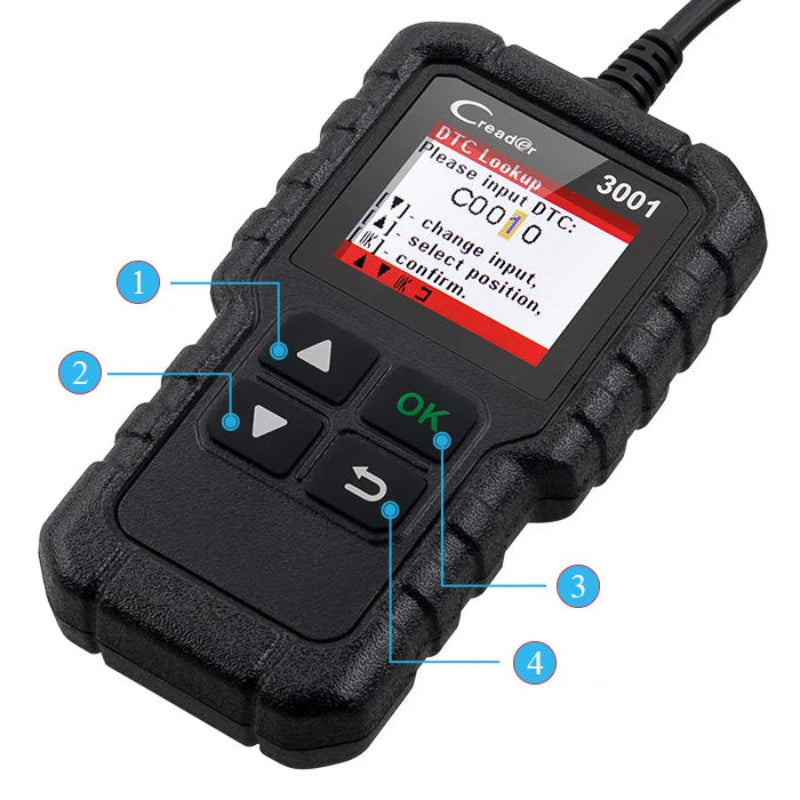 Black diagnostic scanner with digital display on a white background