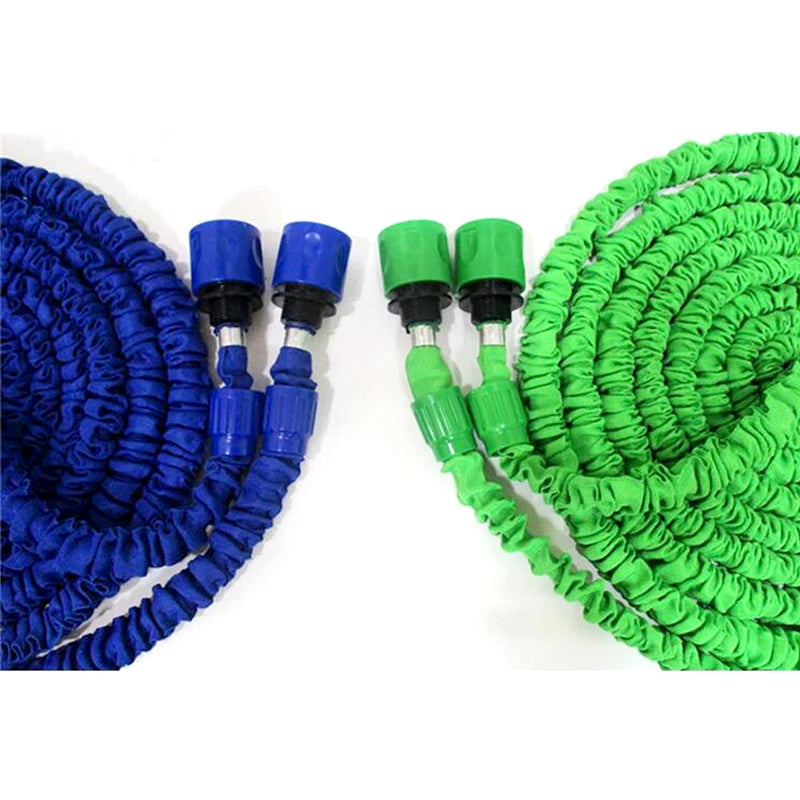 Blue and green expandable garden hoses with connectors on a white background