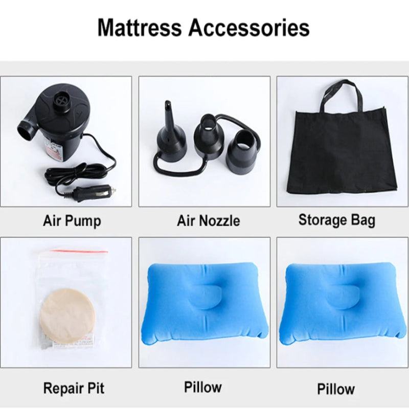 Collection of mattress accessories including air pump, air nozzle, storage bag, repair pit, and pillows.