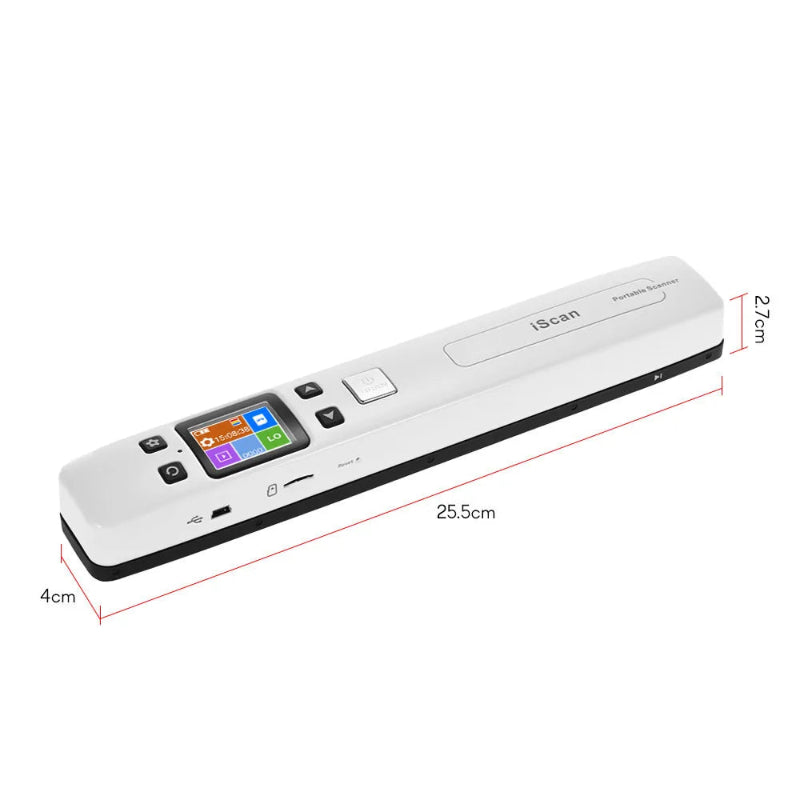 Handheld scanner with dimensions labeled on a white background