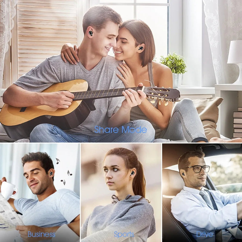 Collage of a couple playing guitar, people with earbuds, and different activities with text labels.