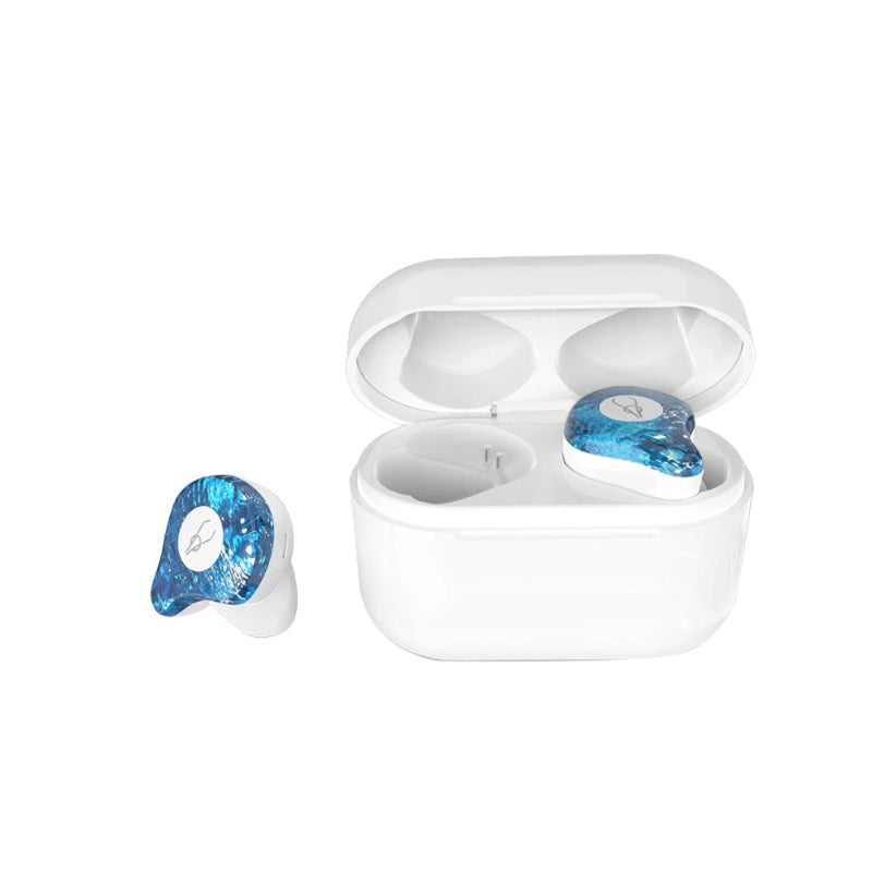 Blue wireless earbuds in a white charging case on a white background