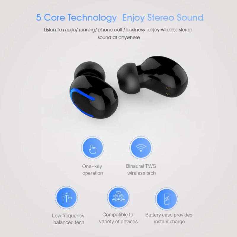 Black wireless earbuds with features highlighted on a white background