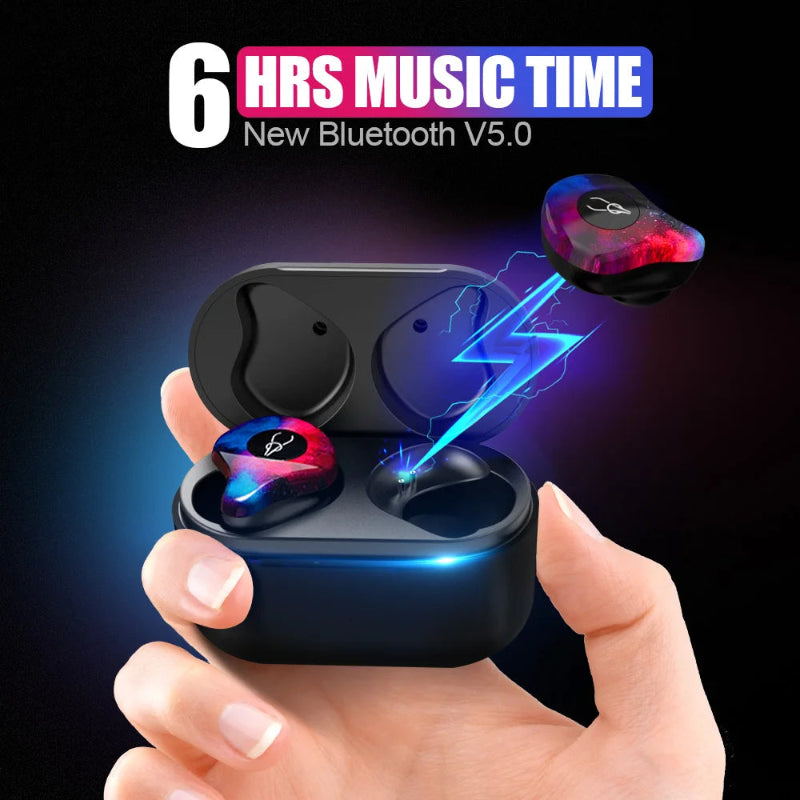 Wireless earbuds in a charging case with '6 HRS MUSIC TIME' and 'New Bluetooth V5.0' text on a dark background.