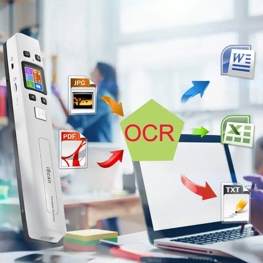 Scanner with OCR technology displayed on a blurred office background