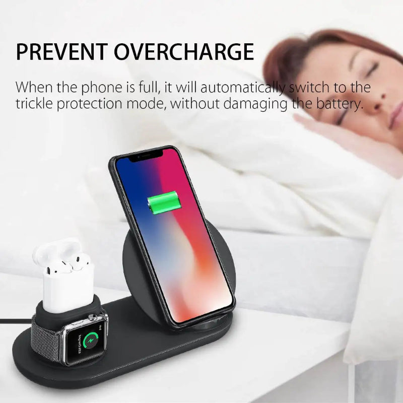 Wireless charging station with phone, watch, and earbuds on a white surface with text about overcharging prevention.