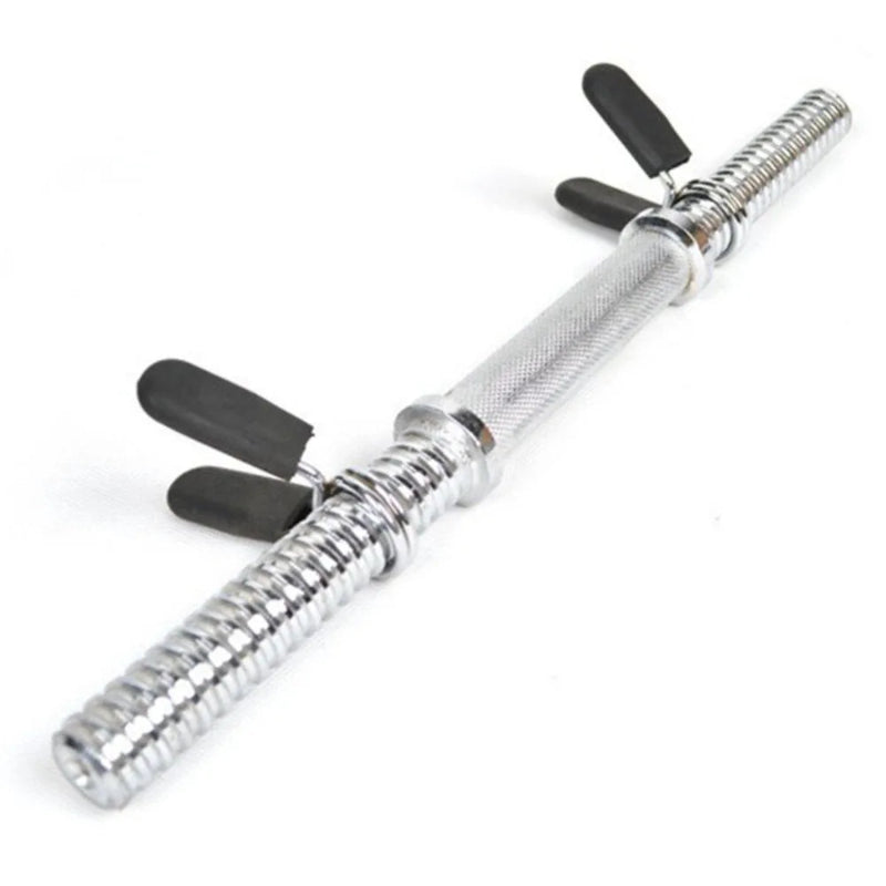 Silver curl bar with black ends on a white background