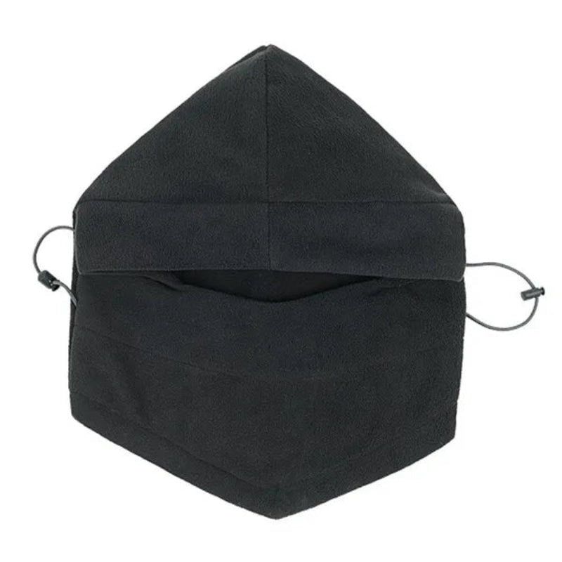 Black face mask with a hood on a white background