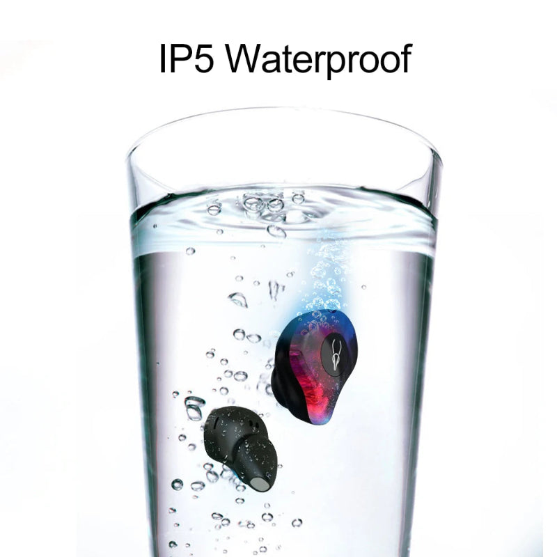 Two black and purple earbuds floating in a glass of water with 'IP5 Waterproof' text above.
