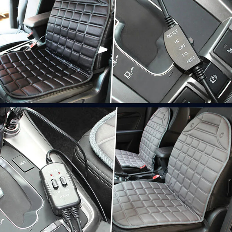 Collage of car seat covers and heating elements with charging ports.