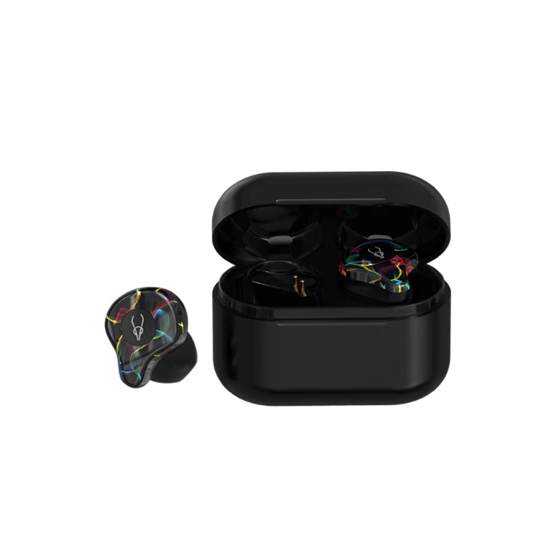 Black wireless earbuds with charging case on a white background