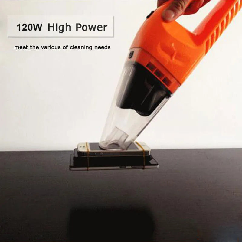 Orange vacuum cleaner with high power rating cleaning a surface.