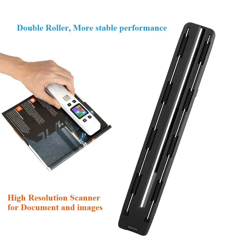 High-resolution scanner with a hand holding a device, on a white background