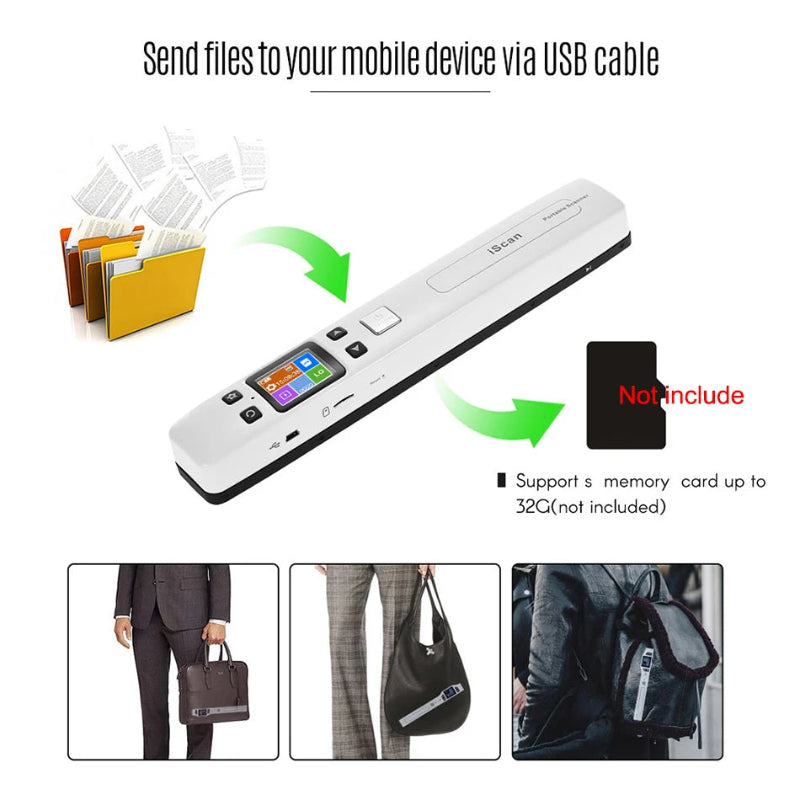 Handheld scanner with USB cable connection and usage scenarios on a white background
