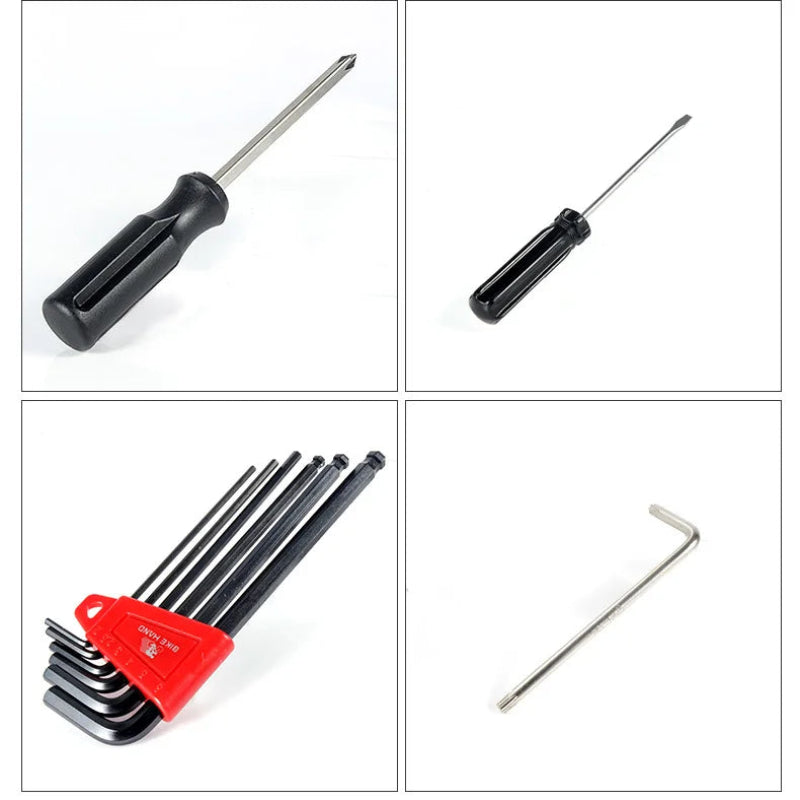 Set of various screwdrivers and hex keys on a white background