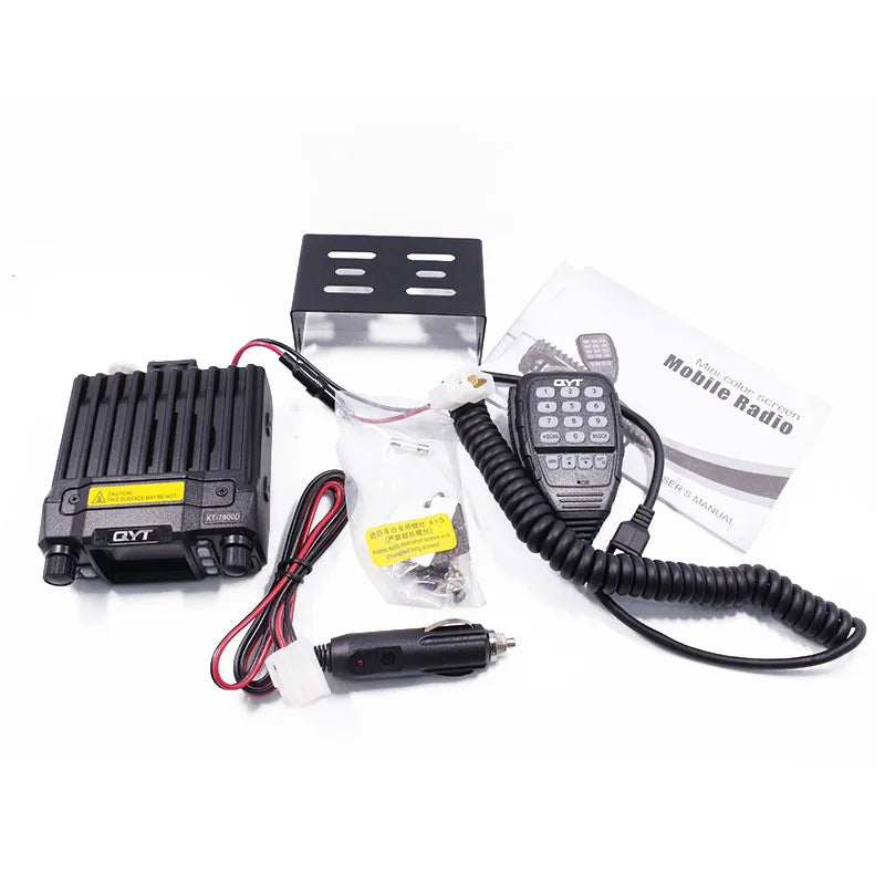 Car radio kit with transmitter, receiver, and accessories on a white background