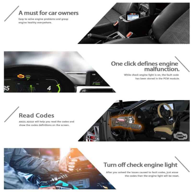 Promotional graphic for a diagnostic tool for car owners, showing text and images of a car's interior and dashboard.