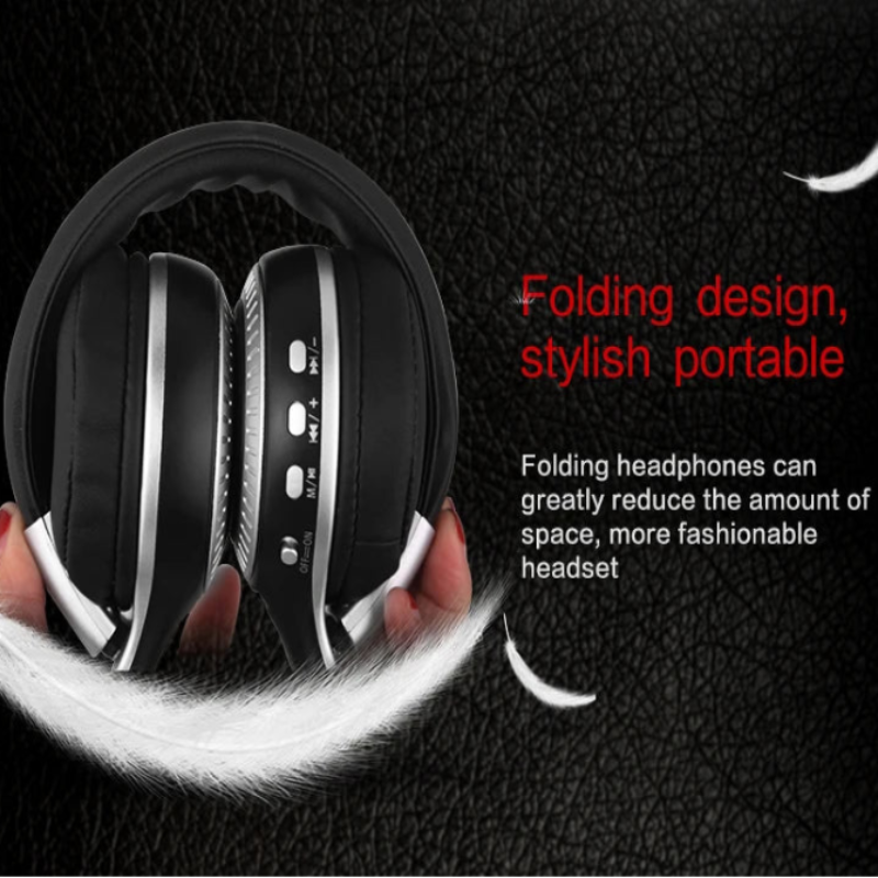 Folding headphones held by a hand with promotional text on a dark background