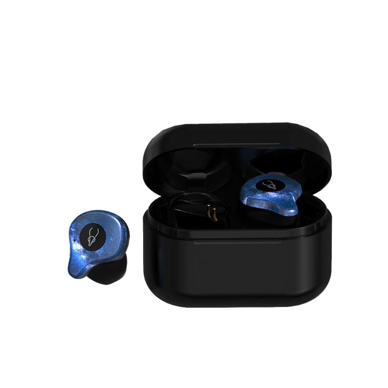 Blue wireless earbuds with charging case on a white background