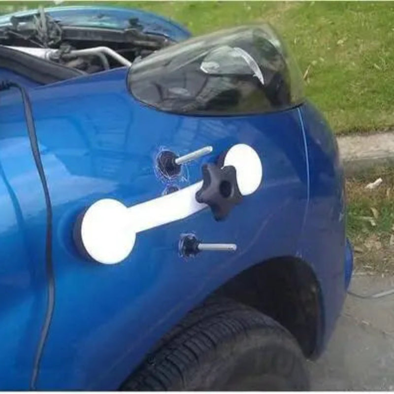 Blue car with mechanical parts attached to its side