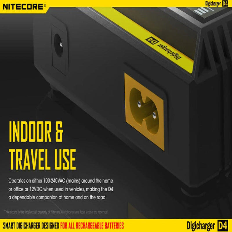 Nitecore Digicharger D4 battery charger with text on indoor and travel use