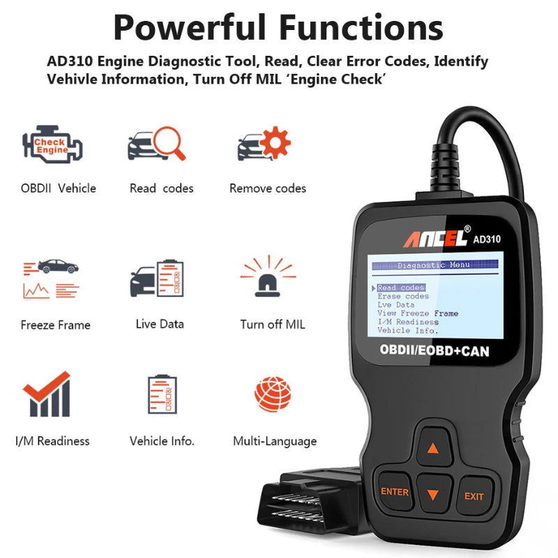 AnCEL AD310 engine diagnostic tool with features listed on a white background