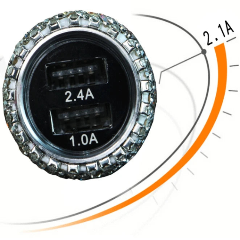 Car charger with dual USB ports and bling on a white background